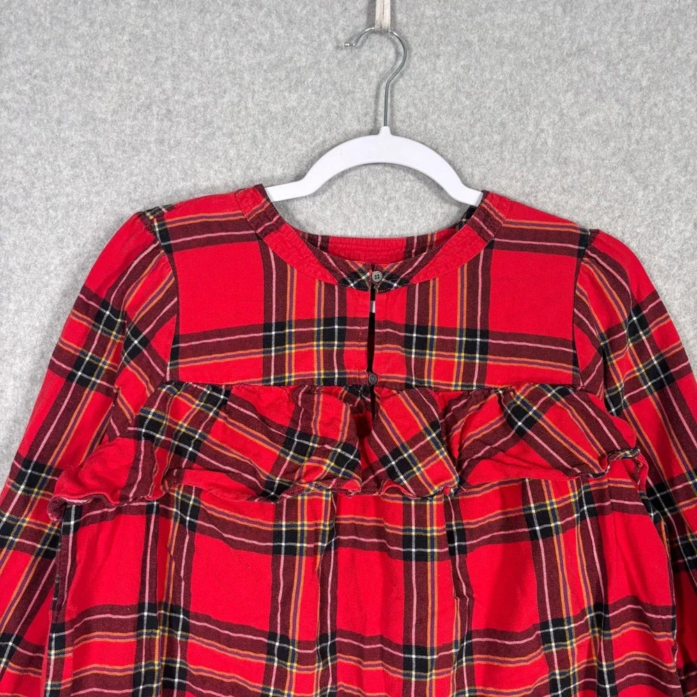 J Crew Tartan Plaid Flannel Ruffle Blouse Small Red Popover Festive Twee Country